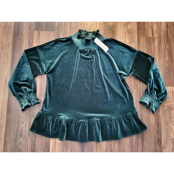 Soft Surroundings Tops - New Soft Surroundings Floriana Green Velvet Long Sleeve Ruffle Trim High Neck M